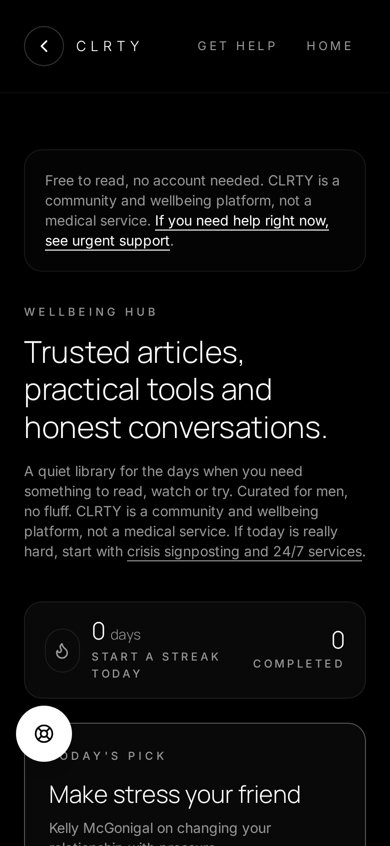 The CLRTY wellbeing hub showing short practical articles on connection, mind, nutrition and sleep