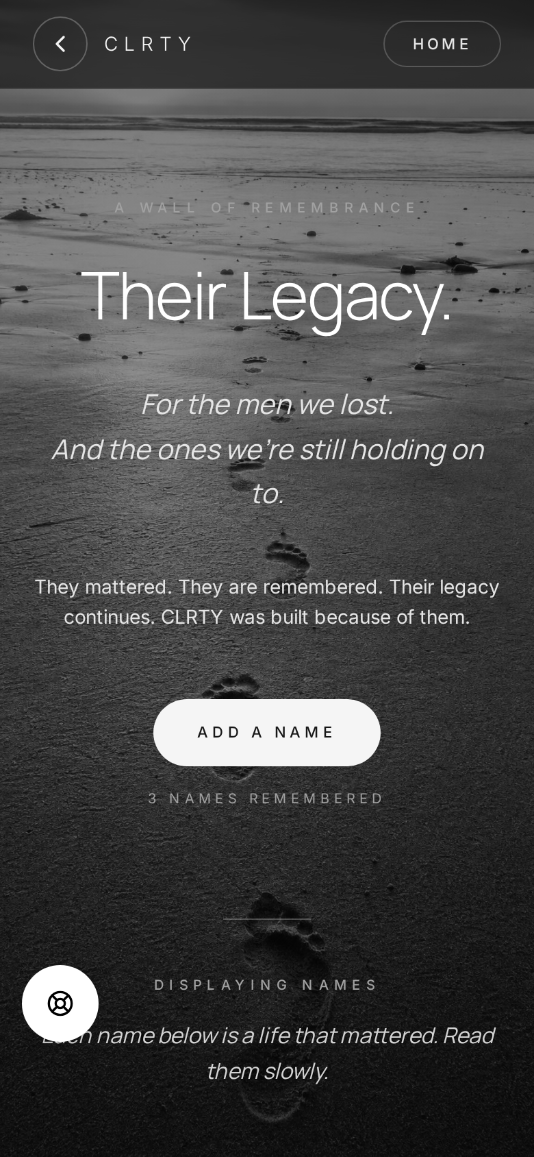 The Their Legacy memorial wall showing remembered names over a black and white beach