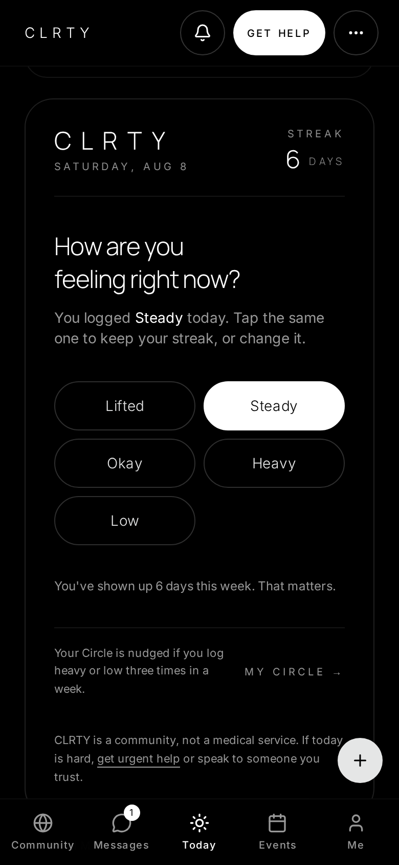 The CLRTY Today screen showing a daily check in, a first week checklist and a streak counter