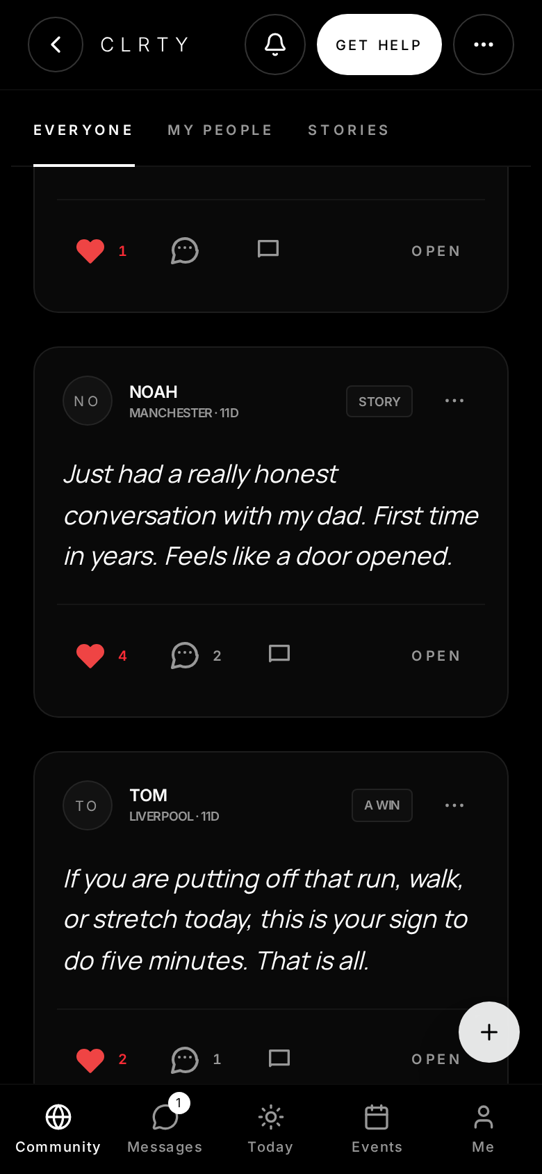 The CLRTY community feed showing member posts tagged as a win and a difficult day